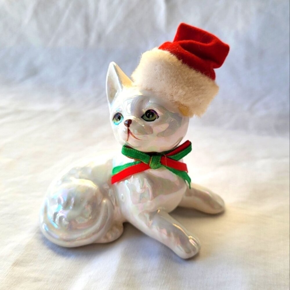 Vintage Iridescent Cat Figurine Christmas Kitty with Santa Hat Enesco 80's